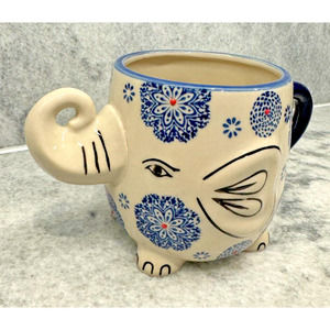 EARTHBOUND TRADING COMPANY Elephant Mug Cup Blue White Red Trunk Up